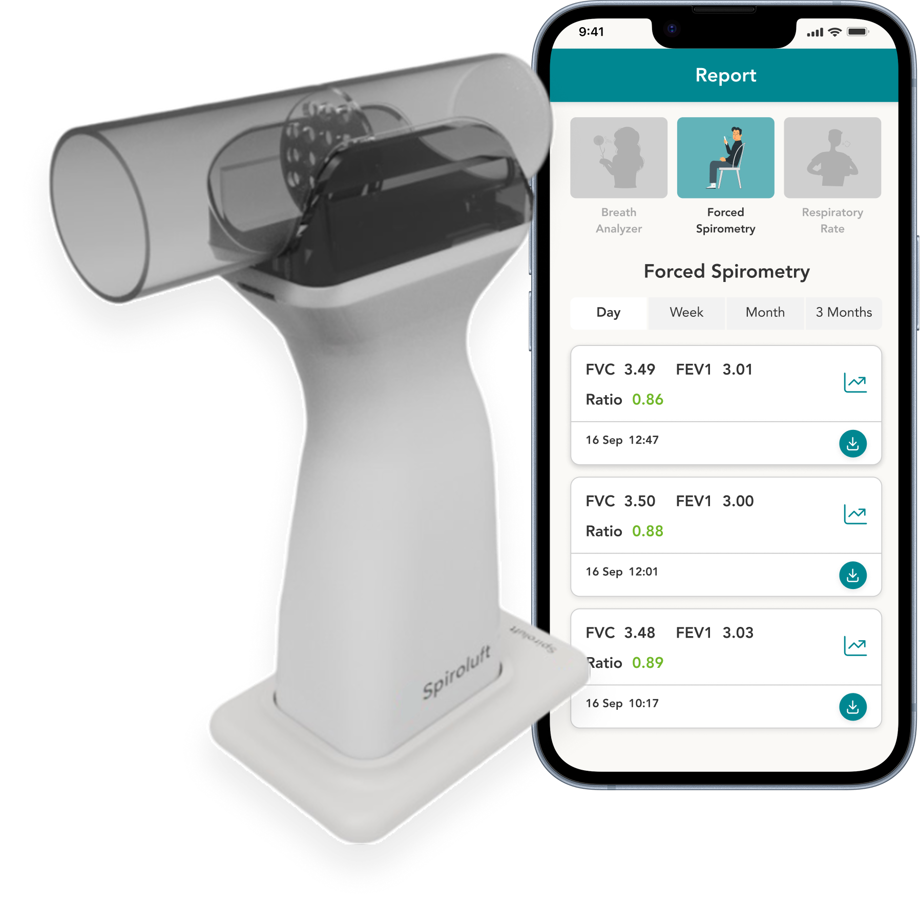 Spiroluft device and test results screen - with FS test results